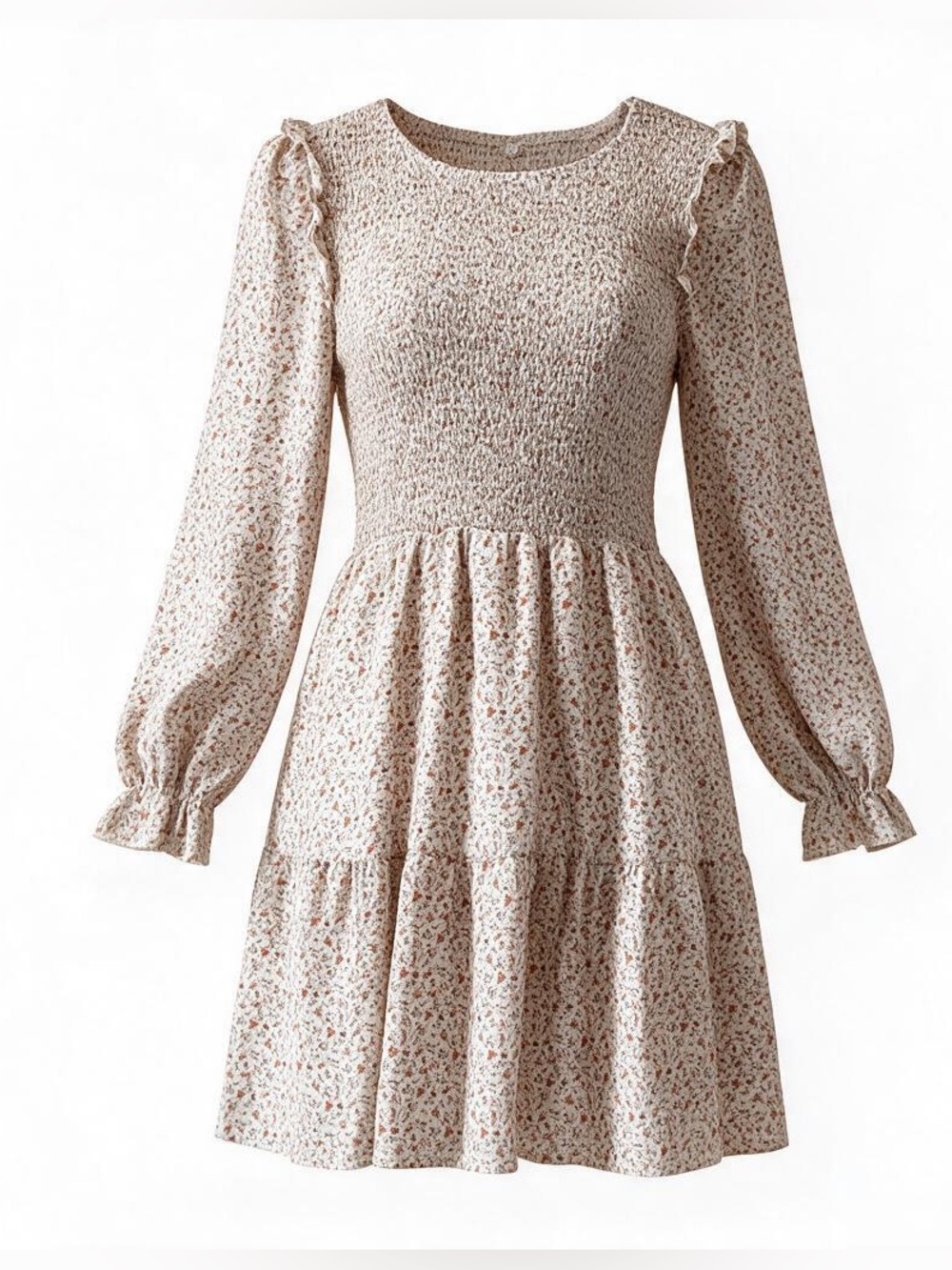 Floral Smocked Bodice Long Sleeve Mini Dress - Cream